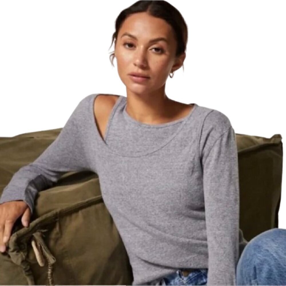 Women's S NWT Monrow Asymmetric Long Sleeve Knit Top in Gray Double Neckline